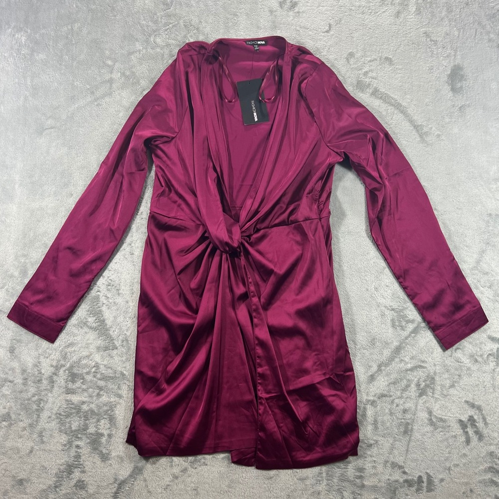 FASHION NOVA Sugar Free Dress Womens XL Burgundy NWT Stained Satin Wrap Mini